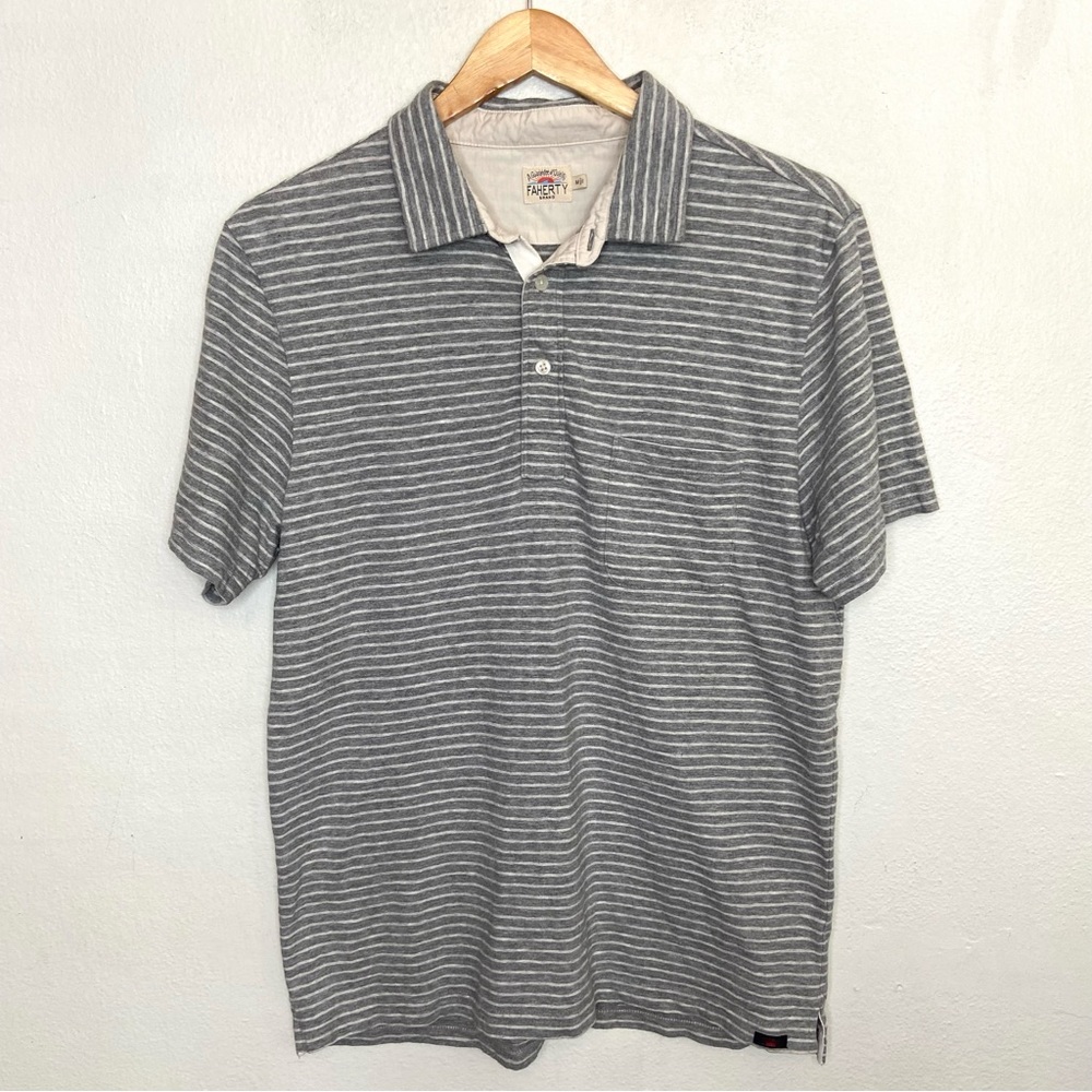 Faherty Men’s Medium Gray and White Polo Shirt Henley Collared Cotton